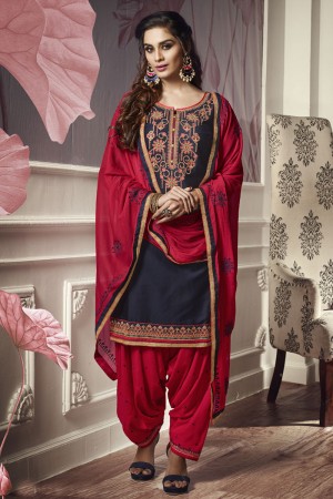 Admirable Navy Blue Cotton and Satin Embroidered Designer Patiala Salwar Suit With Nazmin Dupatta