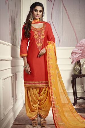 Lovely Orange Cotton and Satin Embroidered Designer Patiala Salwar Suit With Nazmin Dupatta