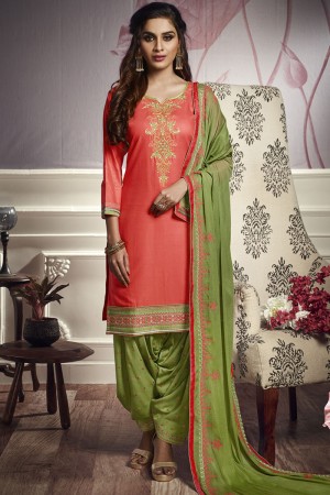 Supreme Peach Cotton and Satin Embroidered Designer Patiala Salwar Suit With Nazmin Dupatta