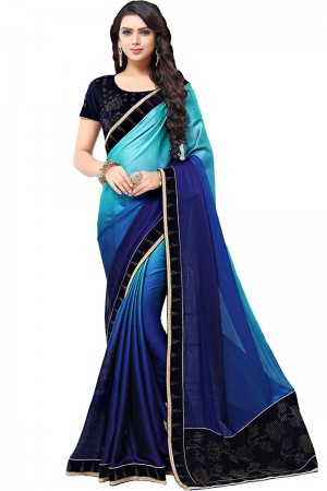 Charming Blue Chiffon Printed Party Wear Saree With Velvet Blouse