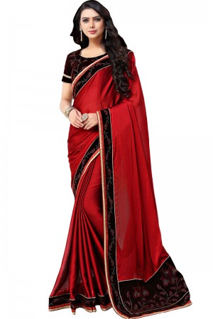 Lovely Red Chiffon Printed Party Wear Saree With Velvet Blouse