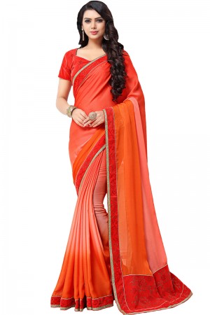 Admirable Orange Chiffon Printed Party Wear Saree With Velvet Blouse
