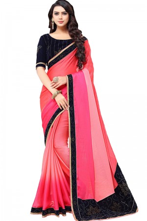 Pretty Peach Chiffon Printed Party Wear Saree With Velvet Blouse