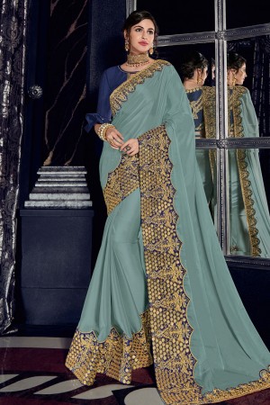 Charming Grey Georgette Embroidered Designer Saree With Banglori Silk Blouse