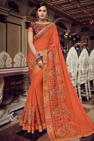 Admirable Orange Georgette Embroidered Designer Saree With Banglori Silk Blouse