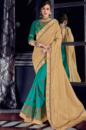 Beautiful Beige and Turquoise Silk Embroidered Saree With Banglori Silk Blouse