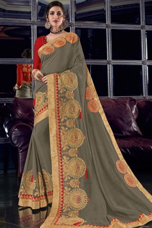 Lovely Grey Silk Embroidered Designer Saree With Banglori Silk Blouse