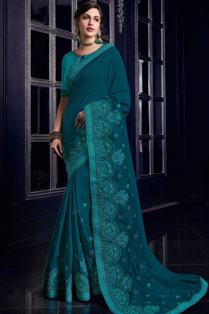 Desirable Teal Silk Embroidered Designer Saree With Banglori Silk Blouse