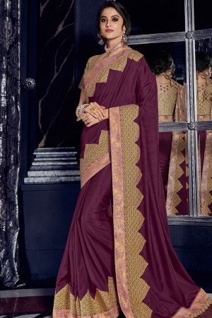Optimum Maroon Silk Embroidered Designer Saree With Banglori Silk Blouse