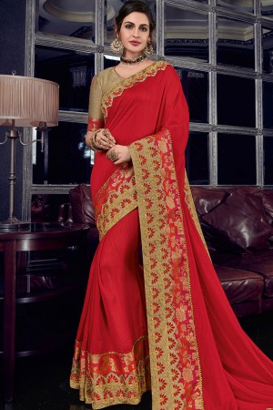 Gorgeous Red Silk Embroidered Designer Saree With Banglori Silk Blouse
