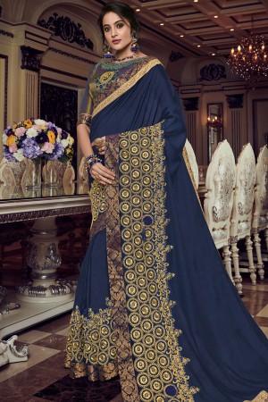 Excellent Blue Silk Embroidered Designer Saree With Banglori Silk Blouse