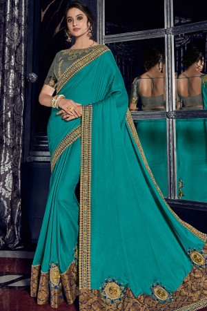 Admirable Turquoise Silk Embroidered Designer Saree With Banglori Silk Blouse