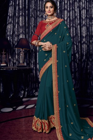 Beautiful Teal Silk Embroidered Designer Saree With Banglori Silk Blouse