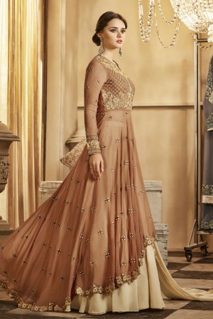 Ultimate Brown Silk Designer Anarkali Salwar Suit With Nazmin Dupatta