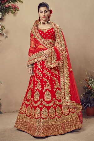 Desirable Red Velvet Embroidered Bridal Lehenga Choli