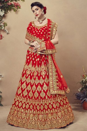 Graceful Red Velvet Embroidered Bridal Lehenga Choli