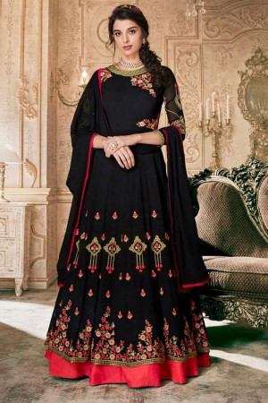 Charming Black Georgette Embroidered Designer Anarkali Salwar Suit With Nazmin Dupatta