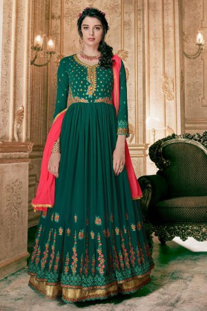 Supreme Green Georgette Embroidered Designer Anarkali Salwar Suit With Nazmin Dupatta