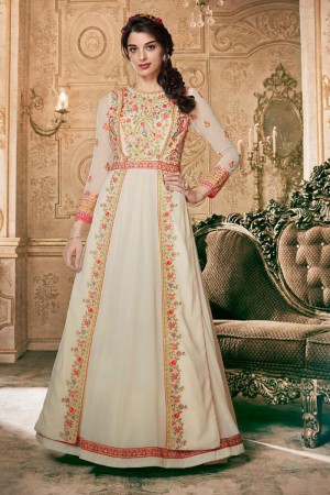Pretty Off White Georgette Embroidered Designer Anarkali Salwar Suit With Nazmin Dupatta