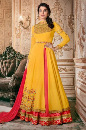 Lovely Yellow Georgette Embroidered Designer Anarkali Salwar Suit With Nazmin Dupatta
