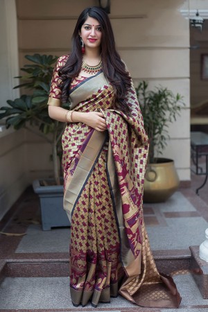 Gorgeous Maroon and Cream Banarasi Silk Printed Designer Saree With Banarasi Silk Blouse