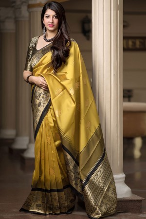 Desirable Yellow Banarasi Silk Printed Designer Saree With Banarasi Silk Blouse