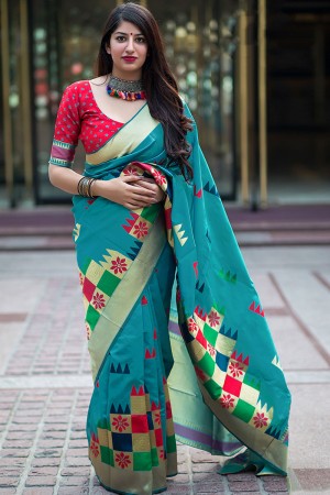 Optimum Sky Blue Banarasi Silk Printed Designer Saree With Banarasi Silk Blouse