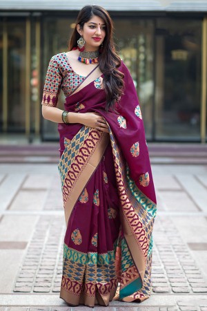 Classic Maroon Banarasi Silk Printed Designer Saree With Banarasi Silk Blouse