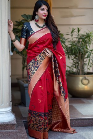 Stylish Red Banarasi Silk Printed Designer Saree With Banarasi Silk Blouse