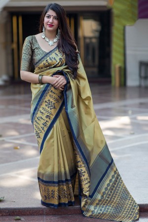 Admirable Mehendi Green Banarasi Silk Printed Designer Saree With Banarasi Silk Blouse