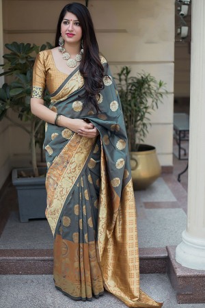 Supreme Grey Banarasi Silk Printed Designer Saree With Banarasi Silk Blouse