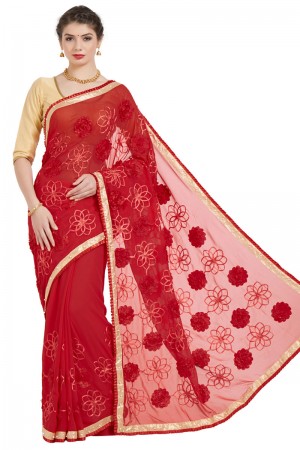 Lovely Red Georgette Embroidered Casual Saree With Bnaglori Silk Blouse