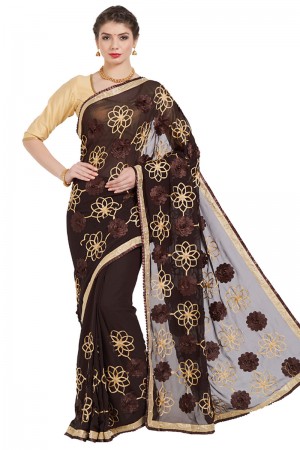 Beautiful Brown Georgette Embroidered Casual Saree With Bnaglori Silk Blouse