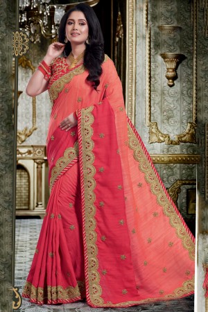 Admirable Peach Silk Embroidered Designer Saree With Silk Blouse