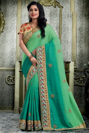 Pretty Green Silk Embroidered Designer Saree With Silk Blouse