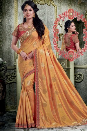 Stylish Orange Silk Embroidered Designer Saree With Silk Blouse