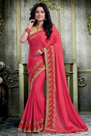 Desirable Red Georgette Embroidered Designer Saree With Silk Blouse