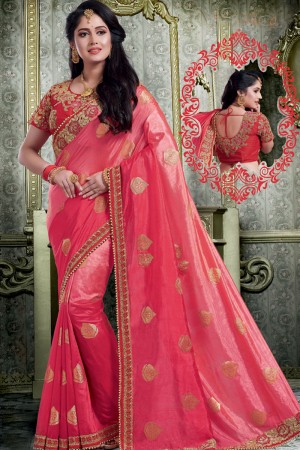 Ultimate Pink Silk Embroidered Designer Saree With Silk Blouse