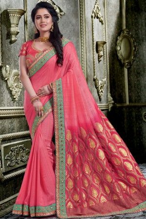 Optimum Pink Banarasi Silk Embroidered Designer Saree With Silk Blouse