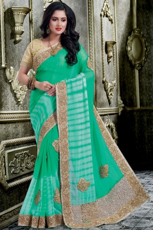Pretty Green Georgette Embroidered Designer Saree With Silk Blouse