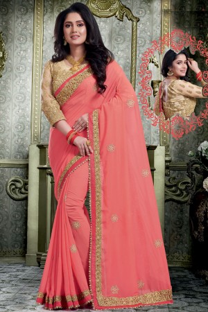 Gorgeous Peach Georgette Embroidered Designer Saree With Silk Blouse