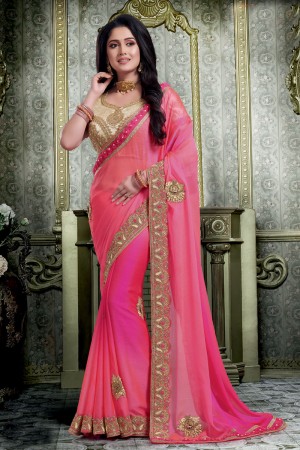 Charming Pink Chiffon Embroidered Designer Saree With Silk Blouse