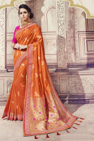 Charming Orange Banarasi Silk Embroidered Designer Saree With Silk Blouse