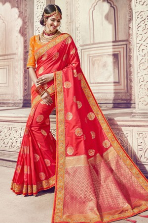 Desirable Red Banarasi Silk Embroidered Designer Saree With Silk Blouse