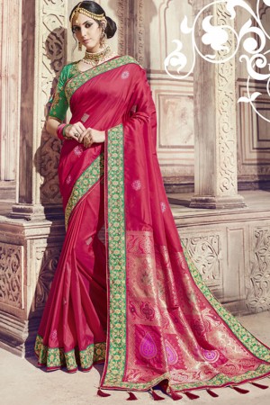 Beautiful Red Banarasi Silk Embroidered Designer Saree With Silk Blouse