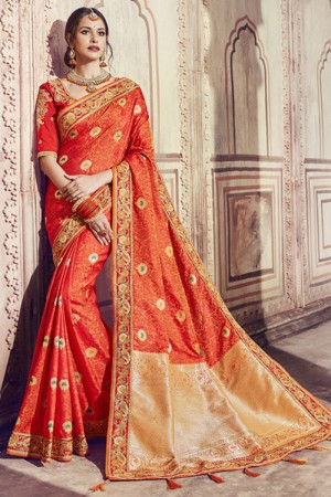 Gorgeous Orange Banarasi Silk Embroidered Designer Saree With Silk Blouse