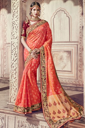 Stylish Peach Banarasi Silk Embroidered Designer Saree With Silk Blouse