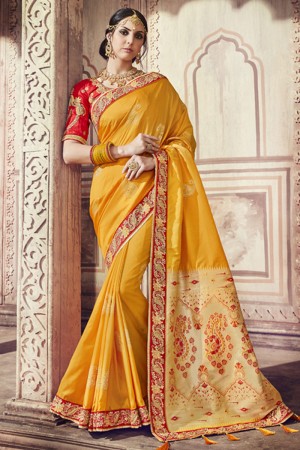 Graceful Yellow Banarasi Silk Embroidered Designer Saree With Silk Blouse