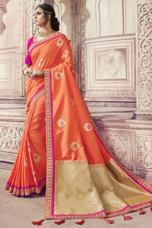 Admirable Orange Banarasi Silk Embroidered Designer Saree With Silk Blouse