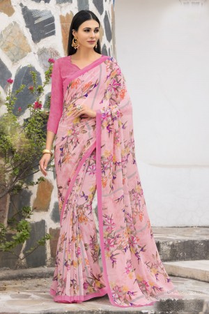 Beautiful Pink Georgette Printed Casual Saree With Georgette Blouse